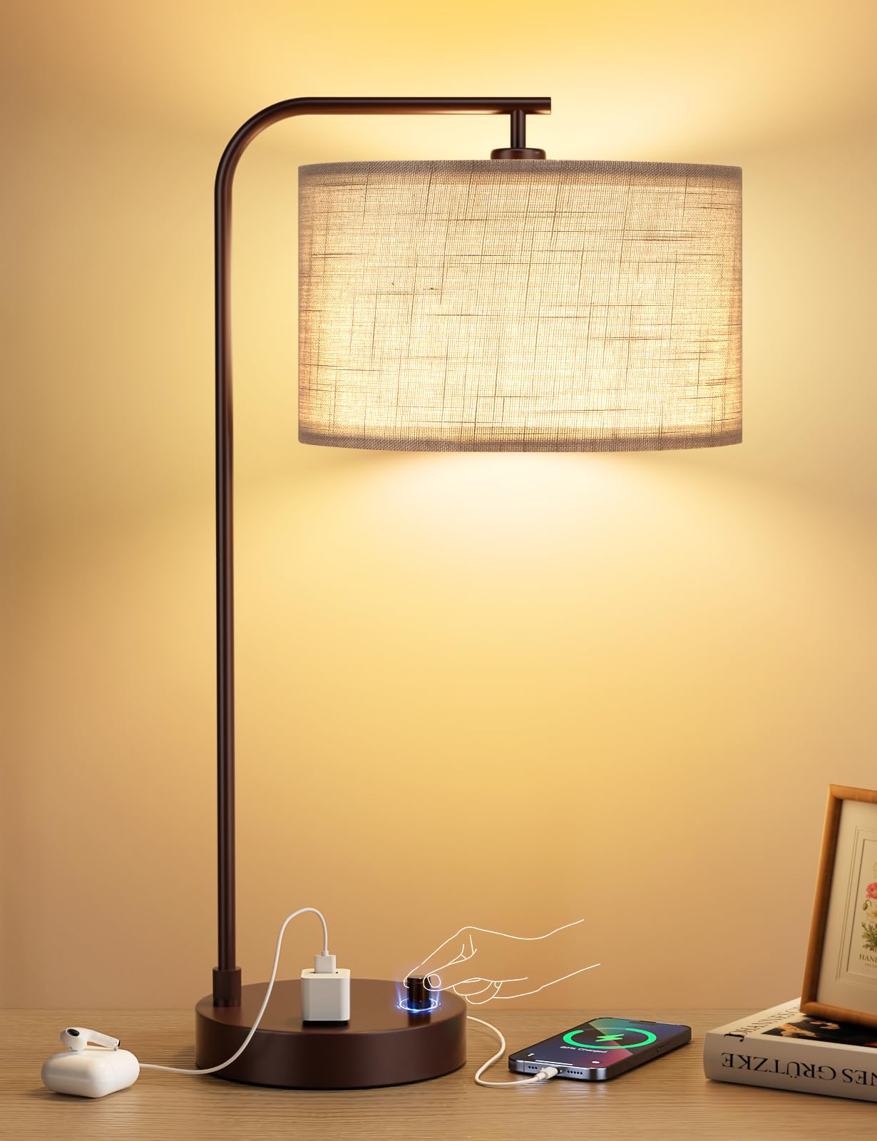Innqoo Tall Table Lamp with USB Port and Outlet, Dimmable Nightstand Bedside Lamps with Linen Lampshade, Desk Lamp for Bedroom, Living Room, Guest Room, Home Office, LED Bulb Included