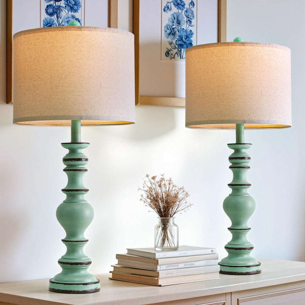 Set of 2 Rustic Farmhouse Linen Table Lamps for Bedroom & Living Room Decor