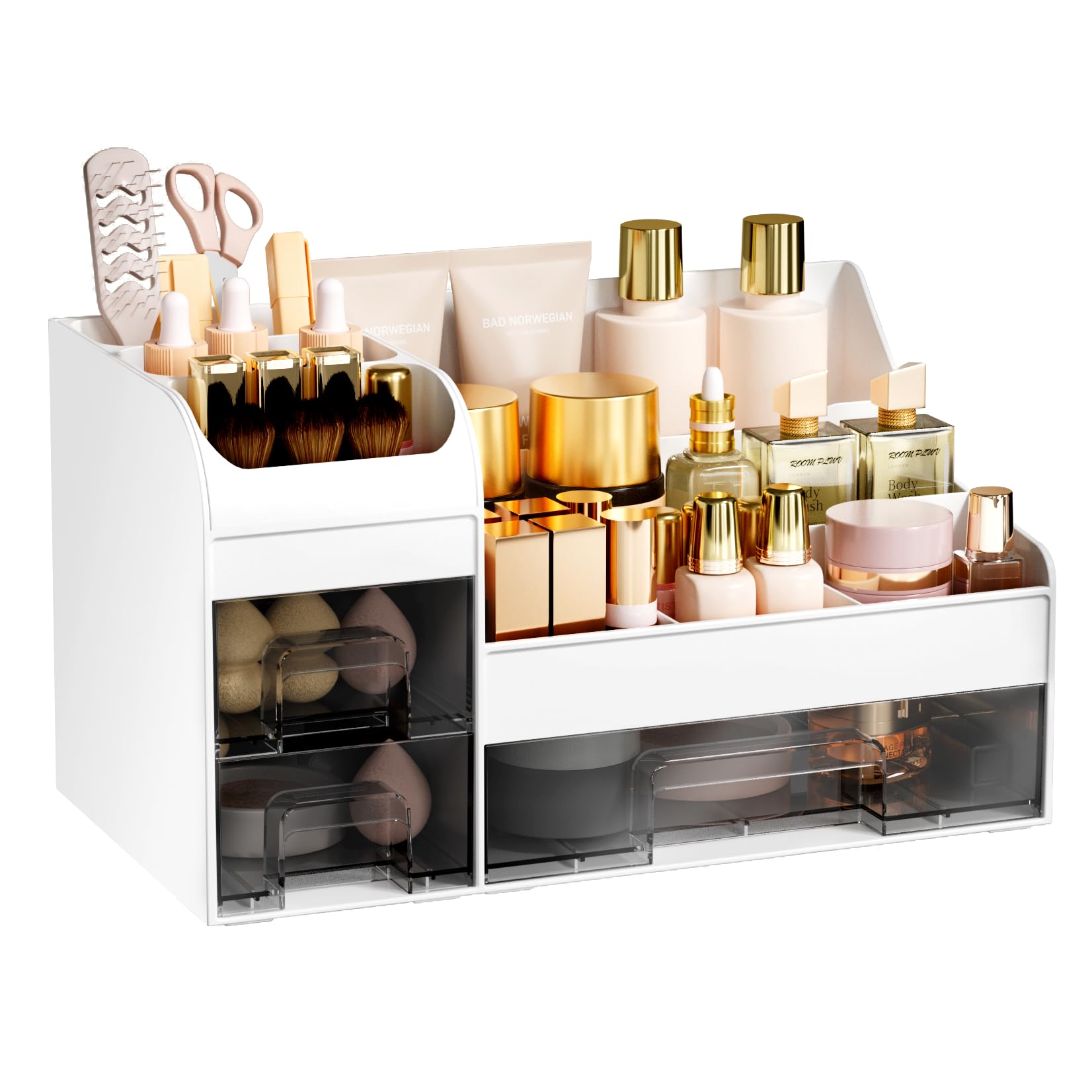 Makeup Organizer with Drawers,Large Cosmetic Storage Box,Countertop Skincare Organizer,ABS Makeup Brush Holder for Bathroom,Desk,Dresser,Multifunctional Beauty Display Case,Black transparent
