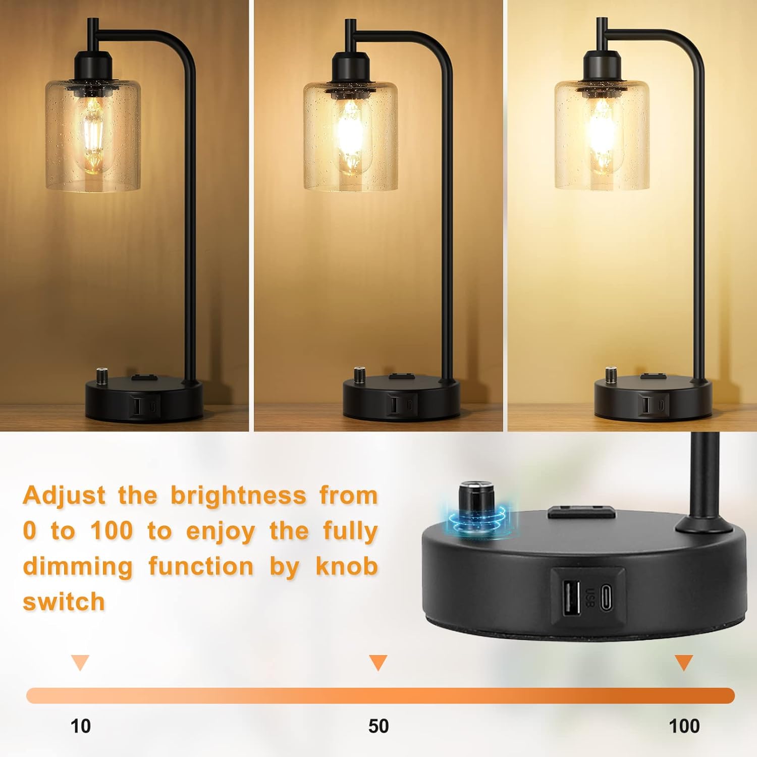Industrial Table Lamps for Bedrooms Set of 2 - Fully Dimmable Bedside Lamps with USB A and C Ports and Outlet, Black Nightstand Lamps with Glass Shade for Living Room, Desk Lamps for Office Reading