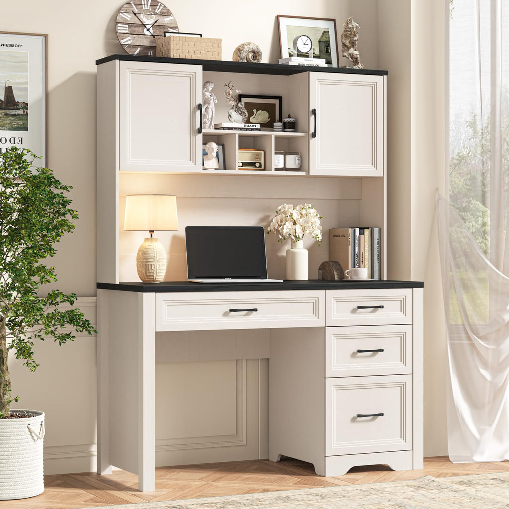 Vabches Farmhouse Executive Desk with Storage and Ample File Drawer, Rustic Large Home Writing Desk for Bedroom, White