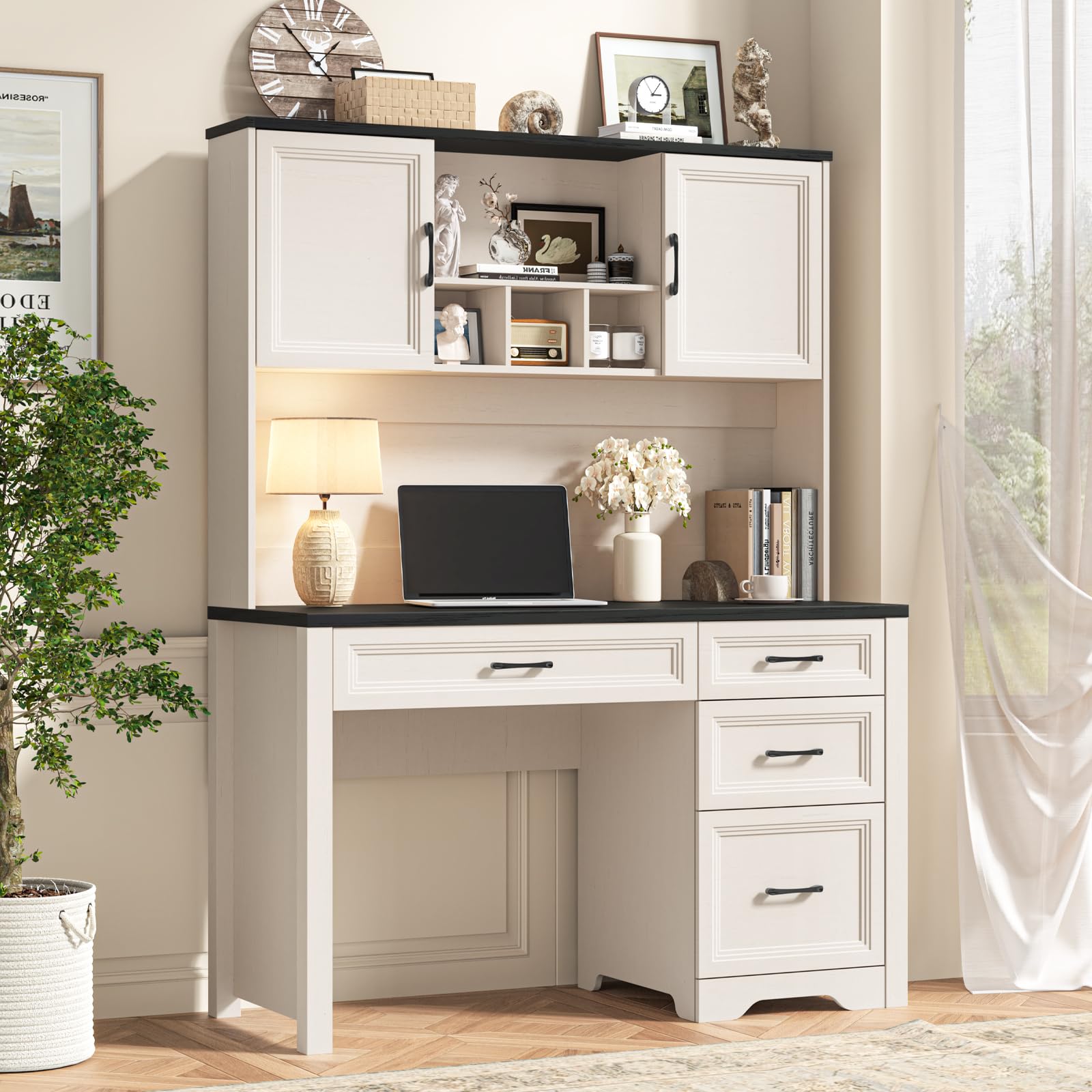 Vabches Farmhouse Executive Desk with Storage and Ample File Drawer, Rustic Large Home Writing Desk for Bedroom, White