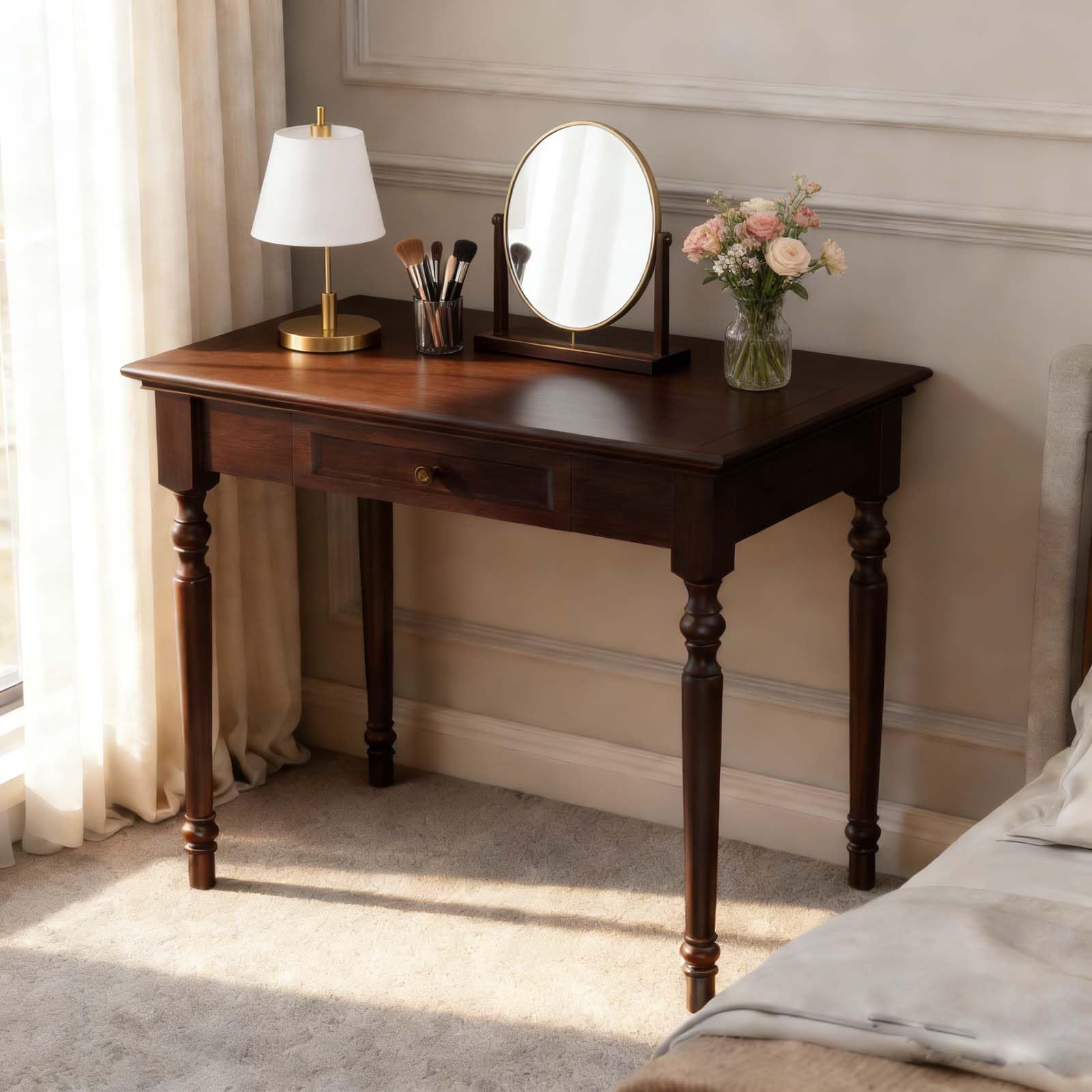 Walnut Writing Desks with Drawers, 47" Solid Wood French Country Style Computer Desk for Home Office, Living Room Study or Workspace