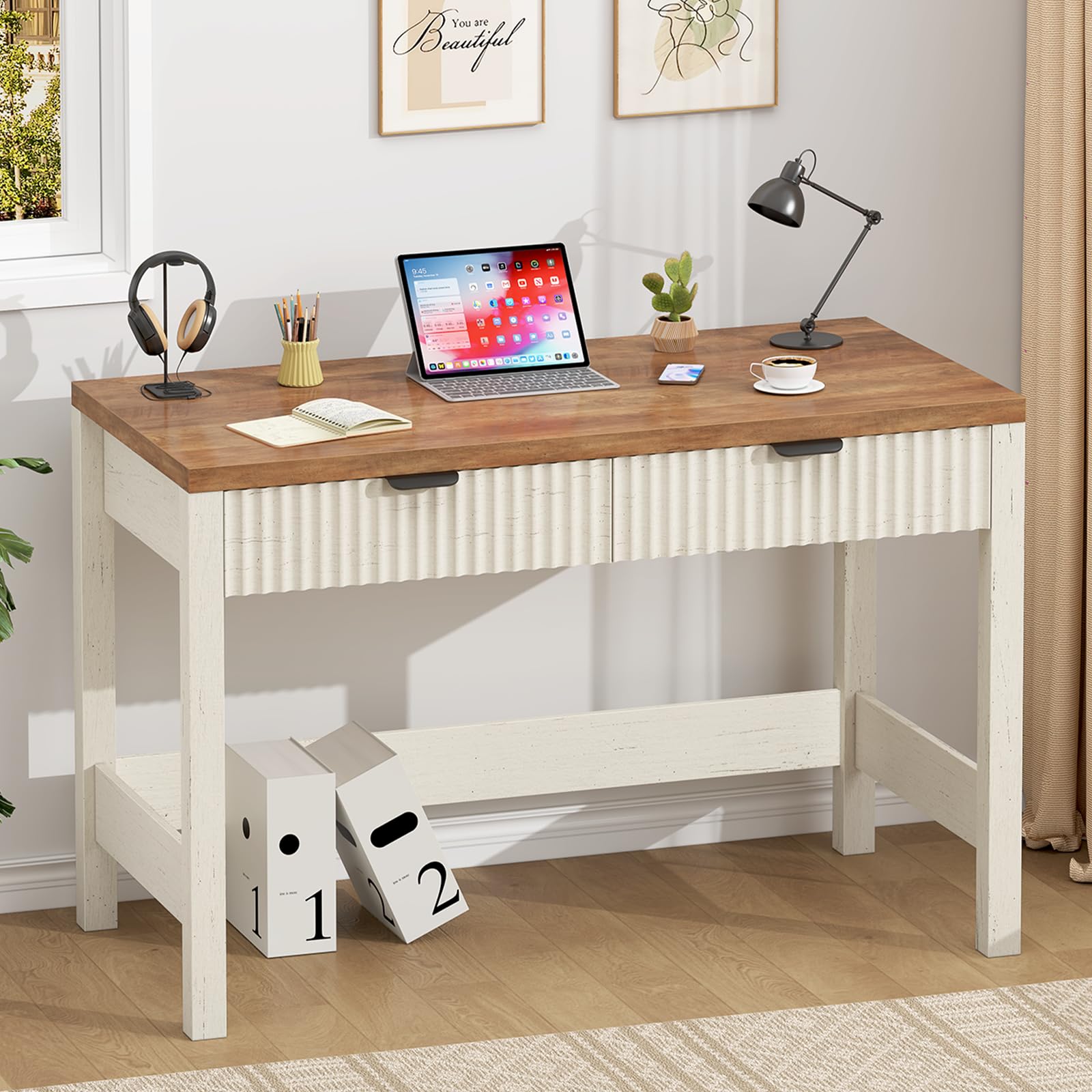 YOMILUVE Fluted Computer Desk with 2 Drawers, 39 Inch Small Computer Desk with Storage, Compact Writing Study Desk for Small Spaces