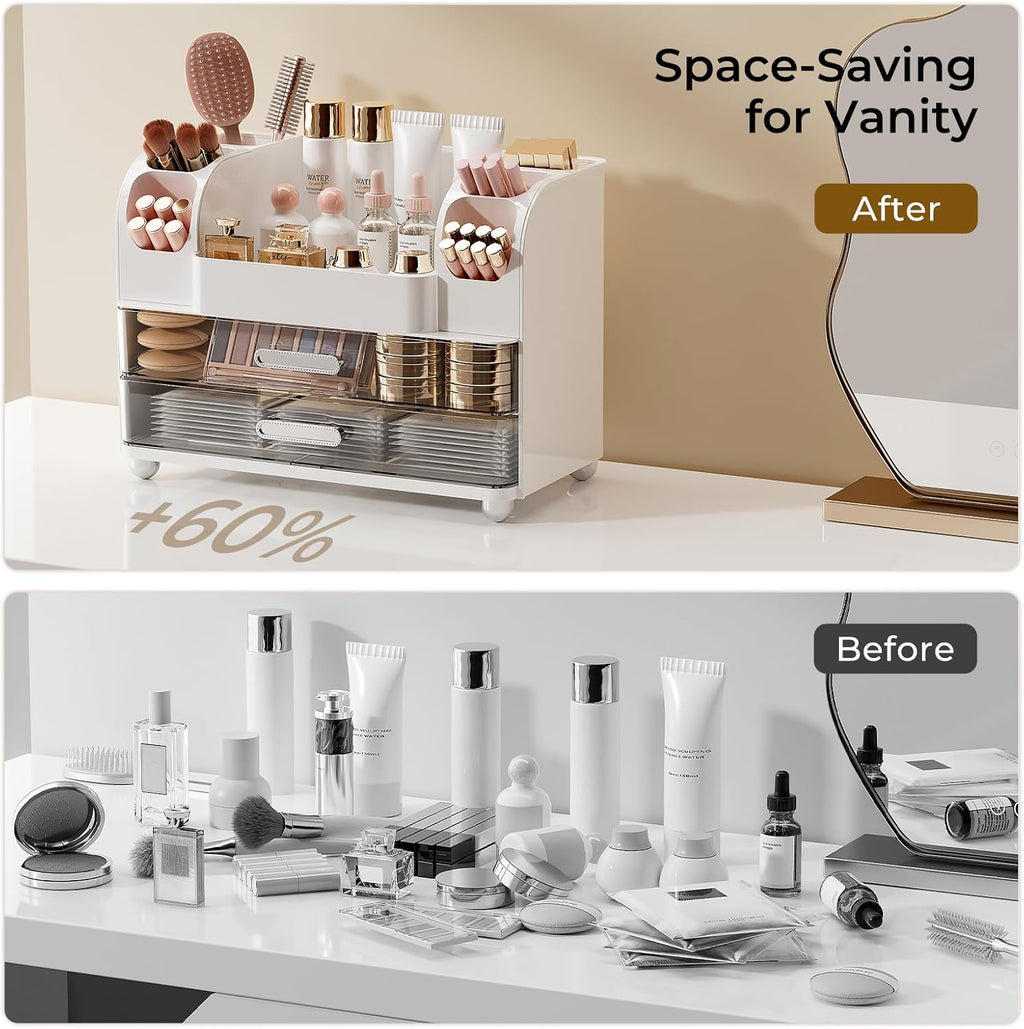 UFORU Makeup Organizer for Vanity with 2 Large Drawers, Cosmetic Display Case with Brush Holders, Easy to Storage for Bathroom Countertop Skincare, Perfume, White