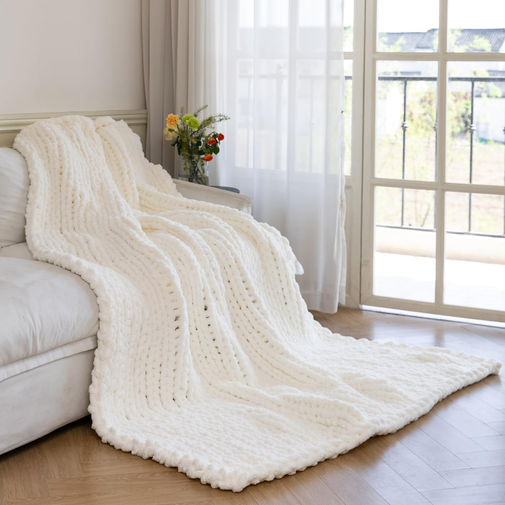 Chunky Knit Blanket - Luxury Soft Cozy 60 * 80 Throw Blanket, 100% Handmade Chenille Yarn Woven Blanket for Couch, Sofa, Home Decor, Gift - Machine Washable (Cream, 60 * 80)