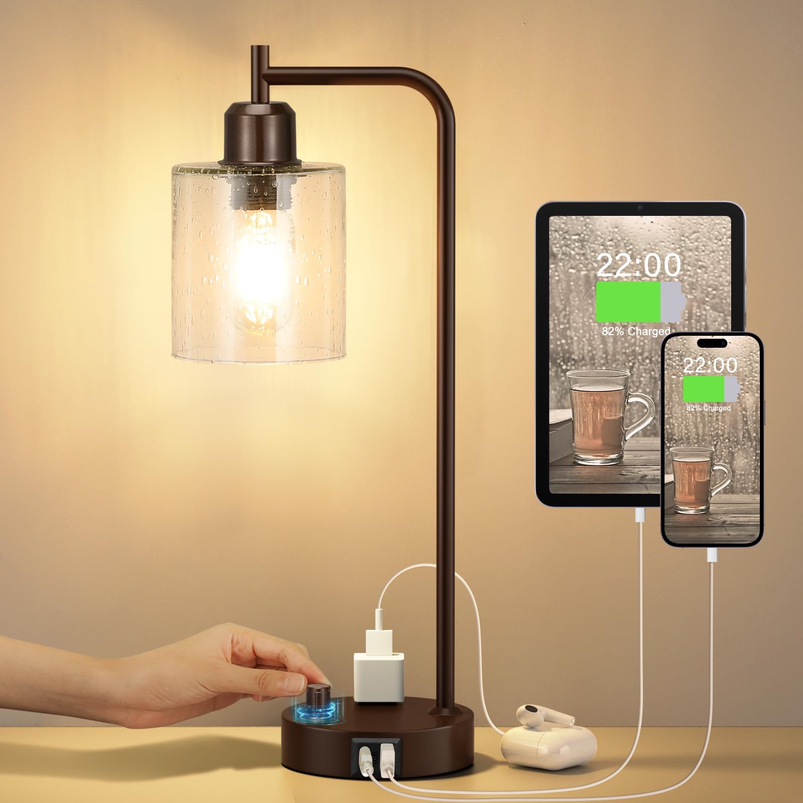 Industrial Bedside Table Lamp for Bedroom - Nightstand Lamps with USB C Charging Port, Fully Dimmable Black Ports and Outlets, Small Desk Glass Shade Office Living Room