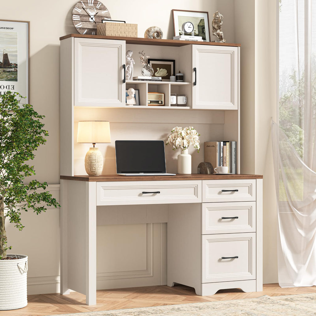 Vabches Farmhouse Executive Desk with Storage and Ample File Drawer, Rustic Large Home Writing Desk for Bedroom, White