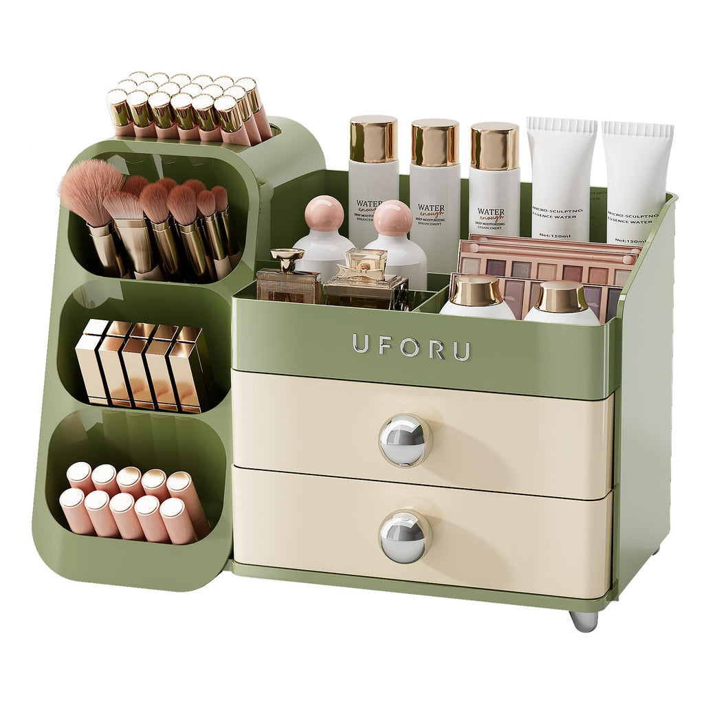 UFORU Makeup Organizer for Vanity with Brush Holder, Large Capacity Bathroom Countertop Skincare Organizer with 2 Drawers, Cosmetic Display Case for Perfumes, Eyeshadow Palettes, Nail Polishes