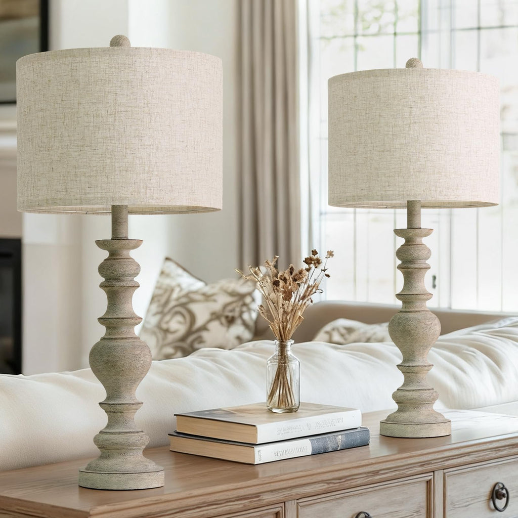 Set of 2 Rustic Farmhouse Linen Table Lamps for Bedroom & Living Room Decor