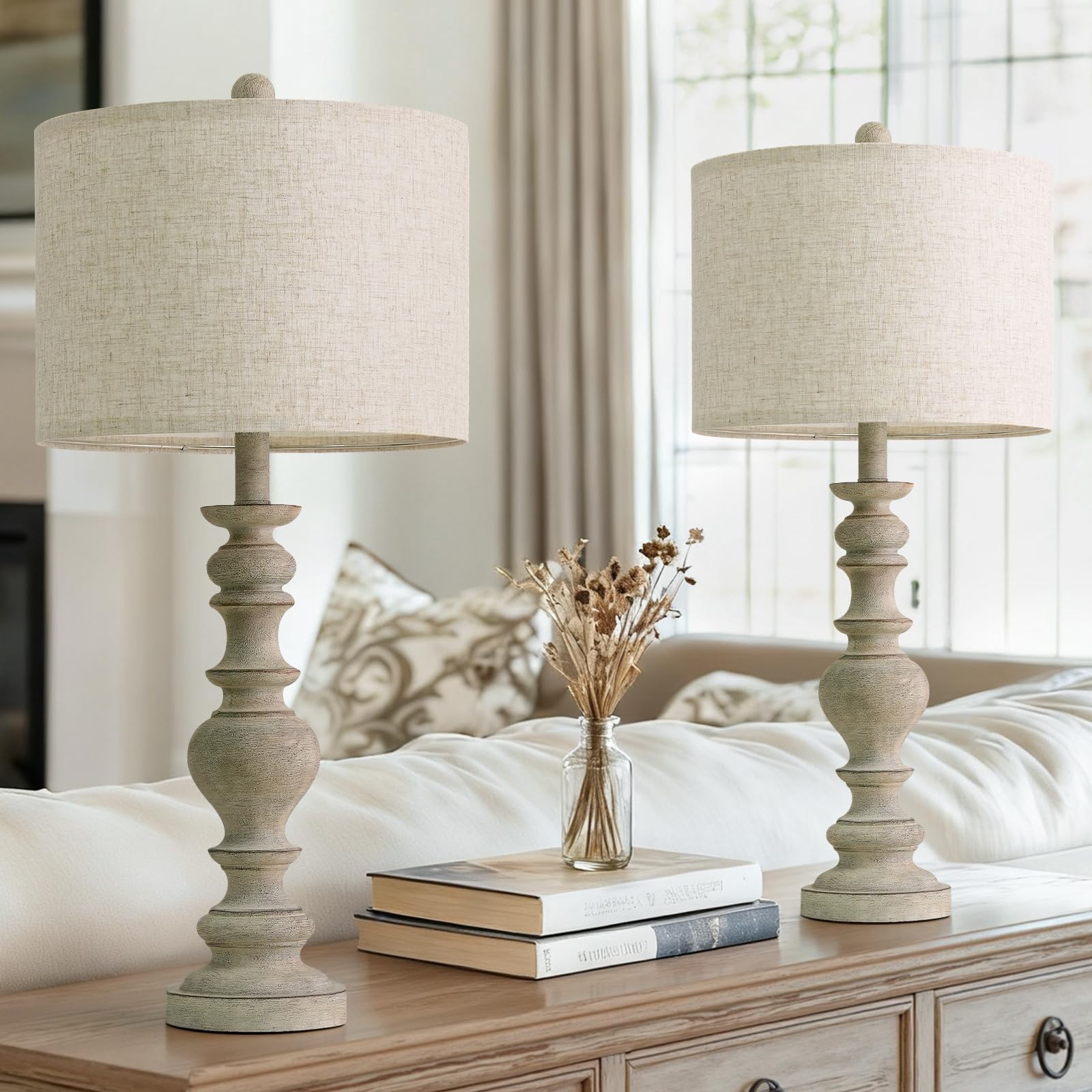 Set of 2 Rustic Farmhouse Linen Table Lamps for Bedroom & Living Room Decor