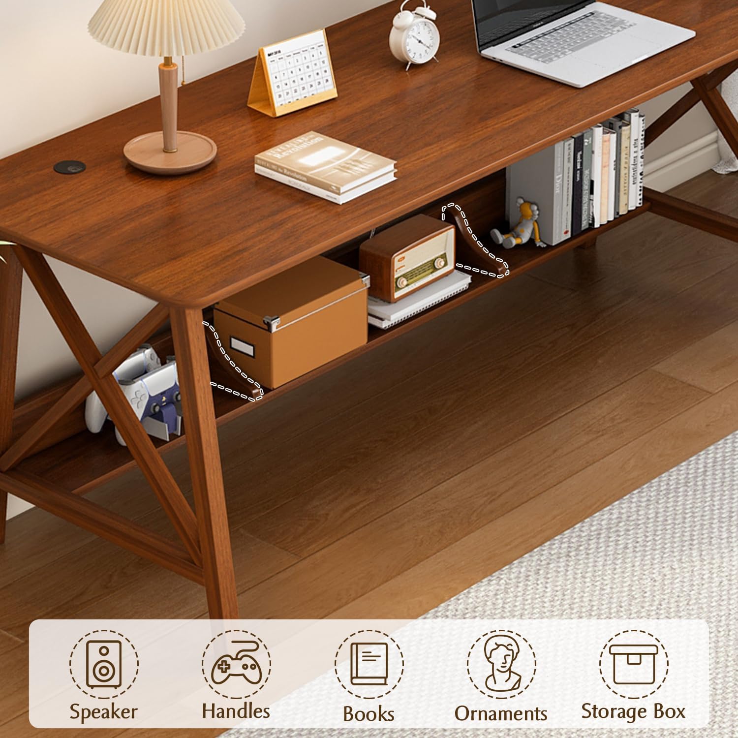 NELYE Extra Long Desk with Bookshelf - Wooden Home Office Work Study Table, Writing Computer Workstation with Storage Shelf in Walnut, 55" Wx20 Dx30 H
