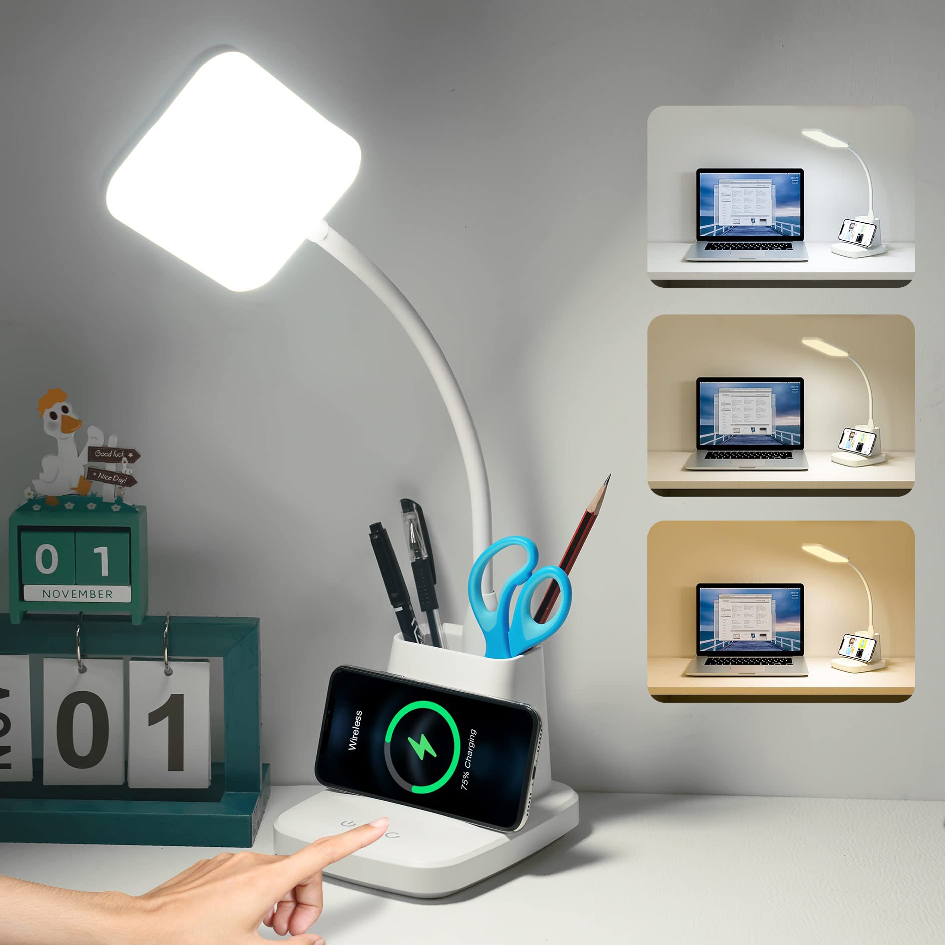 Desk Lamp, Bedside Table Lamps with Wireless Charger and Clock, 30Mins Auto-Off Night Light Lamp, 3 Color Modes Dimmable Touch 800LM CRI 95, LED Desk Lamps for Home Office, Adapter Included