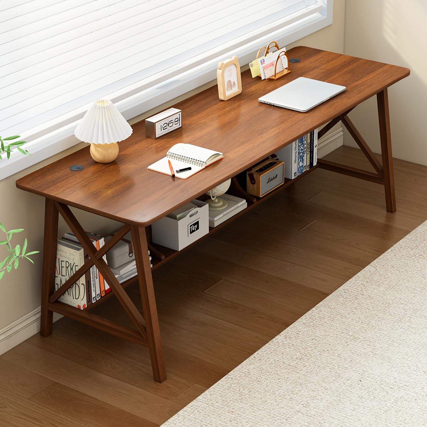 NELYE Extra Long Desk with Bookshelf - Wooden Home Office Work Study Table, Writing Computer Workstation with Storage Shelf in Walnut, 55" Wx20 Dx30 H