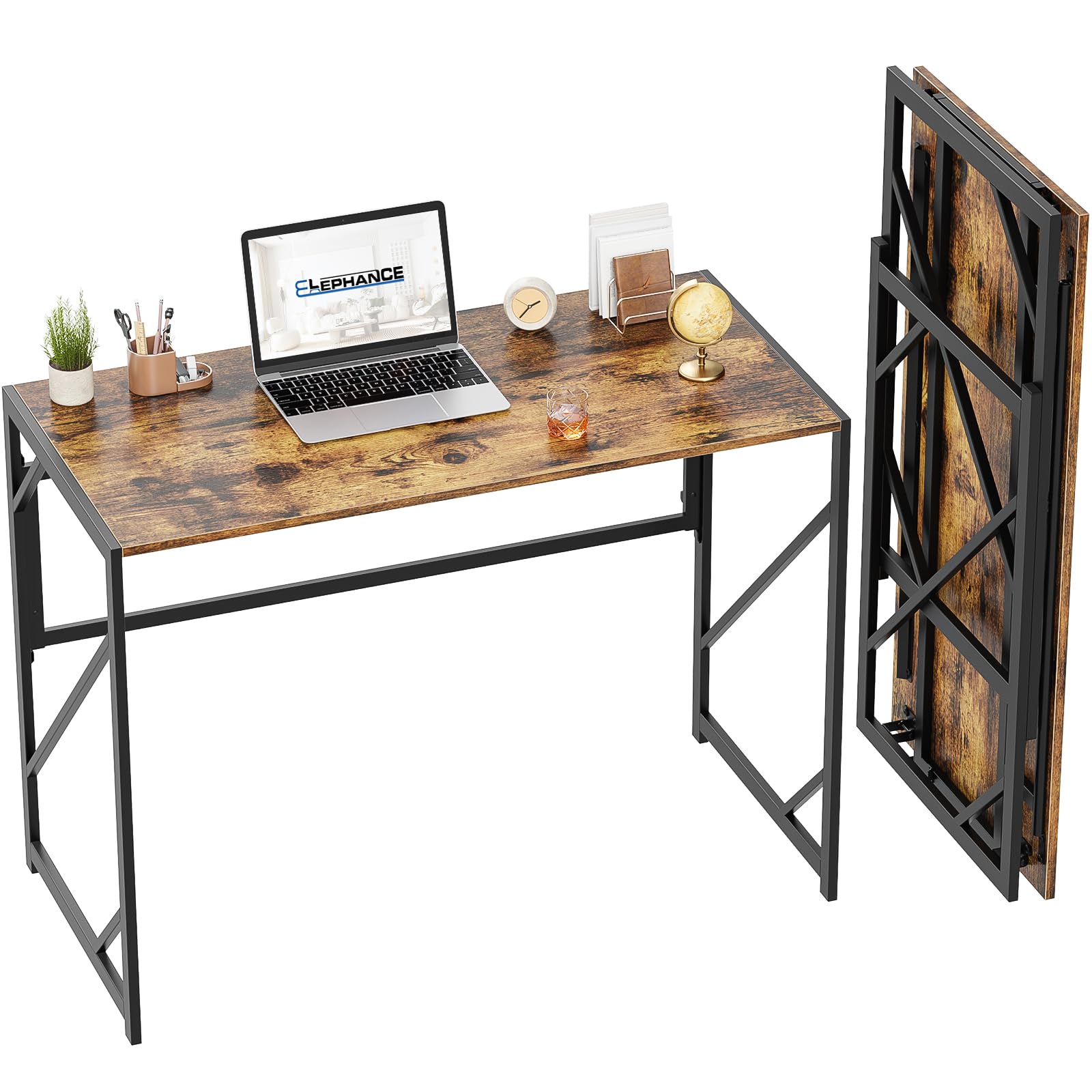 Elephance Folding Desk Writing Computer Desk for Home Office, No-Assembly Study Office Desk Foldable Table for Small Spaces