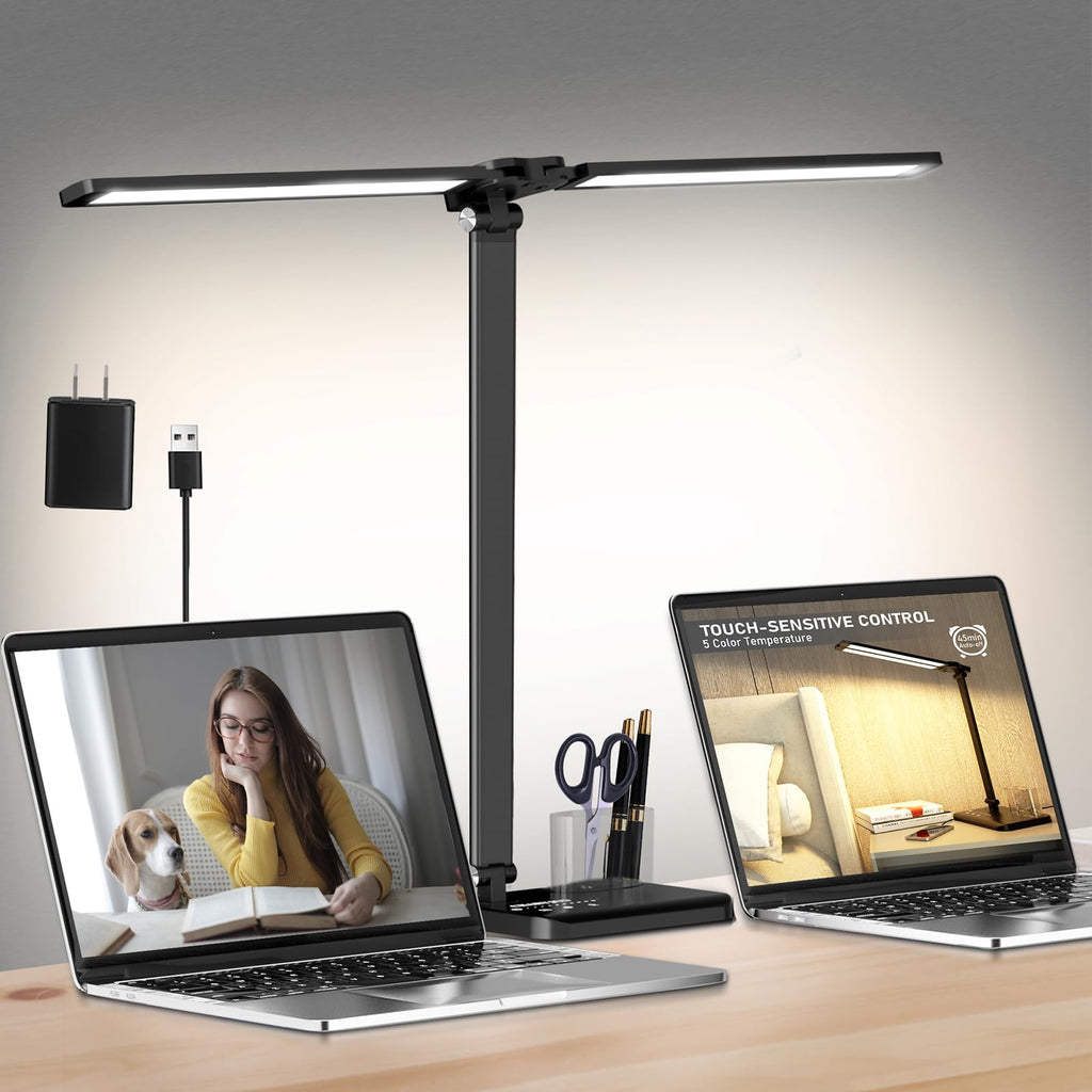 CHARYJOD Retractable Dimmable LED Desk Lamp with USB Charging Port, 50 Lighting Modes Dual Swing Arm Architect Adjustable Table Lamp Light Desk Lamp for Home Office Dorm Piano Nail, Black