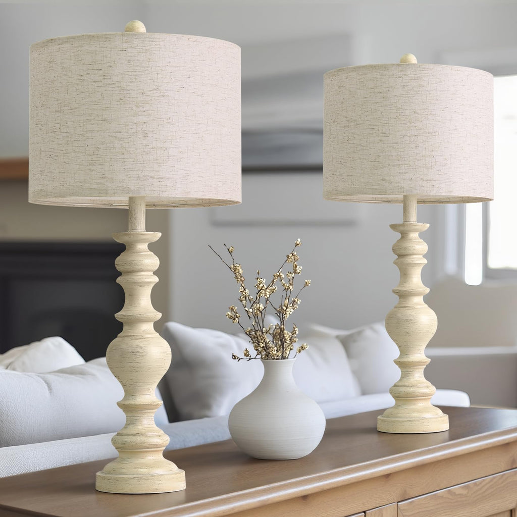 Set of 2 Rustic Farmhouse Linen Table Lamps for Bedroom & Living Room Decor