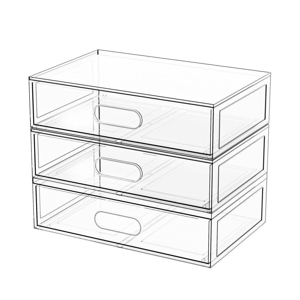 Clear Stackable Makeup Organizer with Drawer, 12''W Acrylic Storage Drawers, Cosmetic Display Case for Vanity Bathroom Countertop, Beauty Holder for Lipstick Brush Skincare Perfume