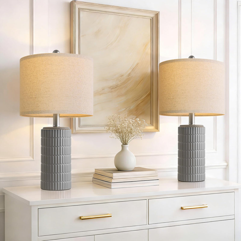 PoKat 20.75" Small Modern Ceramic Table Lamps Set of 2 for Bedroom, White Bedside Lamps for Night Stands, Farmhouse Desk Decor Gift Nightstand Table Lamps for Living Room End Table Beige
