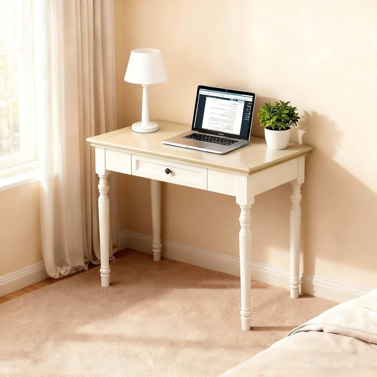 Walnut Writing Desks with Drawers, 47" Solid Wood French Country Style Computer Desk for Home Office, Living Room Study or Workspace
