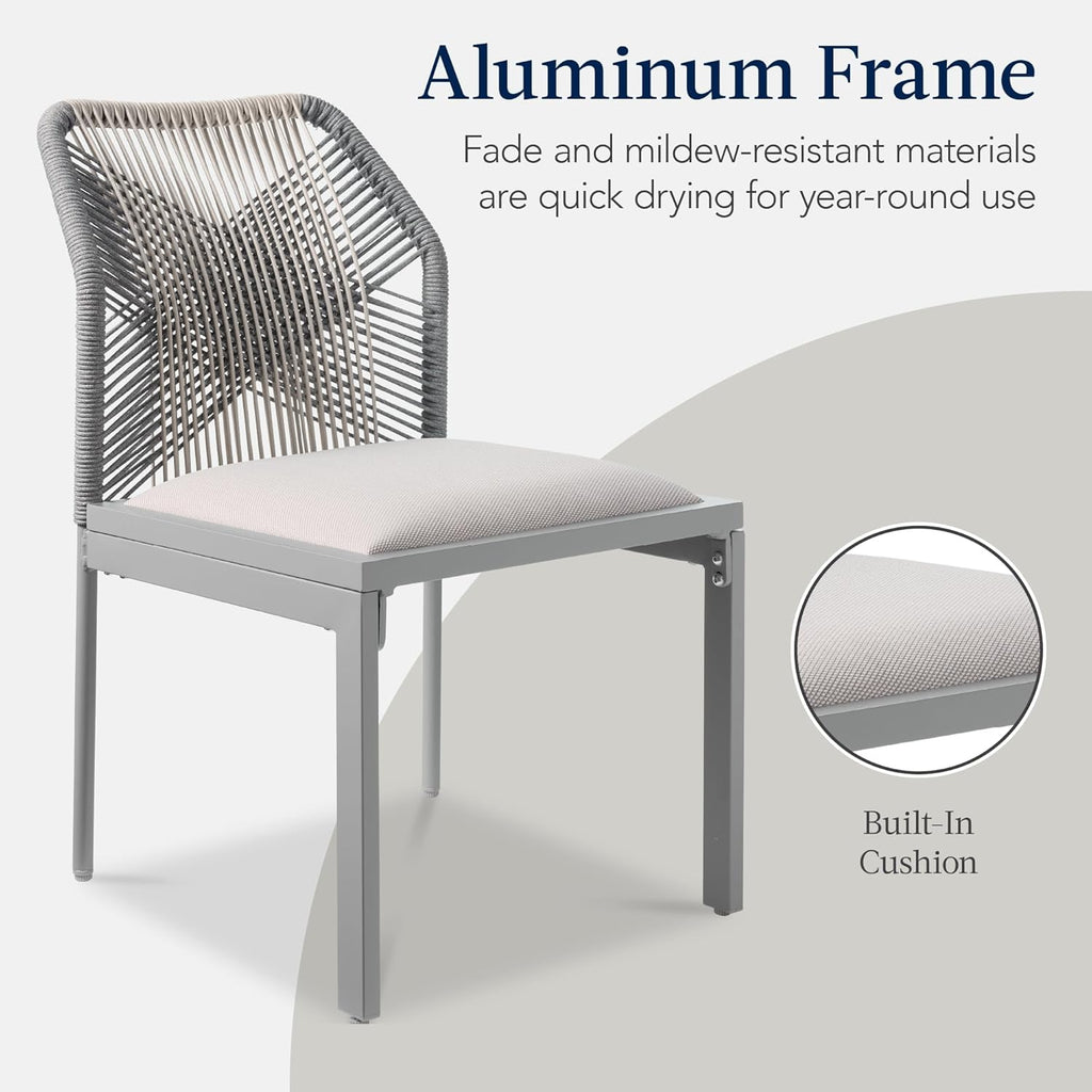 Best Choice Products Set of 2 Indoor/Outdoor Modern Dining Kitchen Chairs, All-Weather Rope Woven Design, Padded Cushions, Aluminum Frame for Dining Room, Living Room - Gray/Meteor