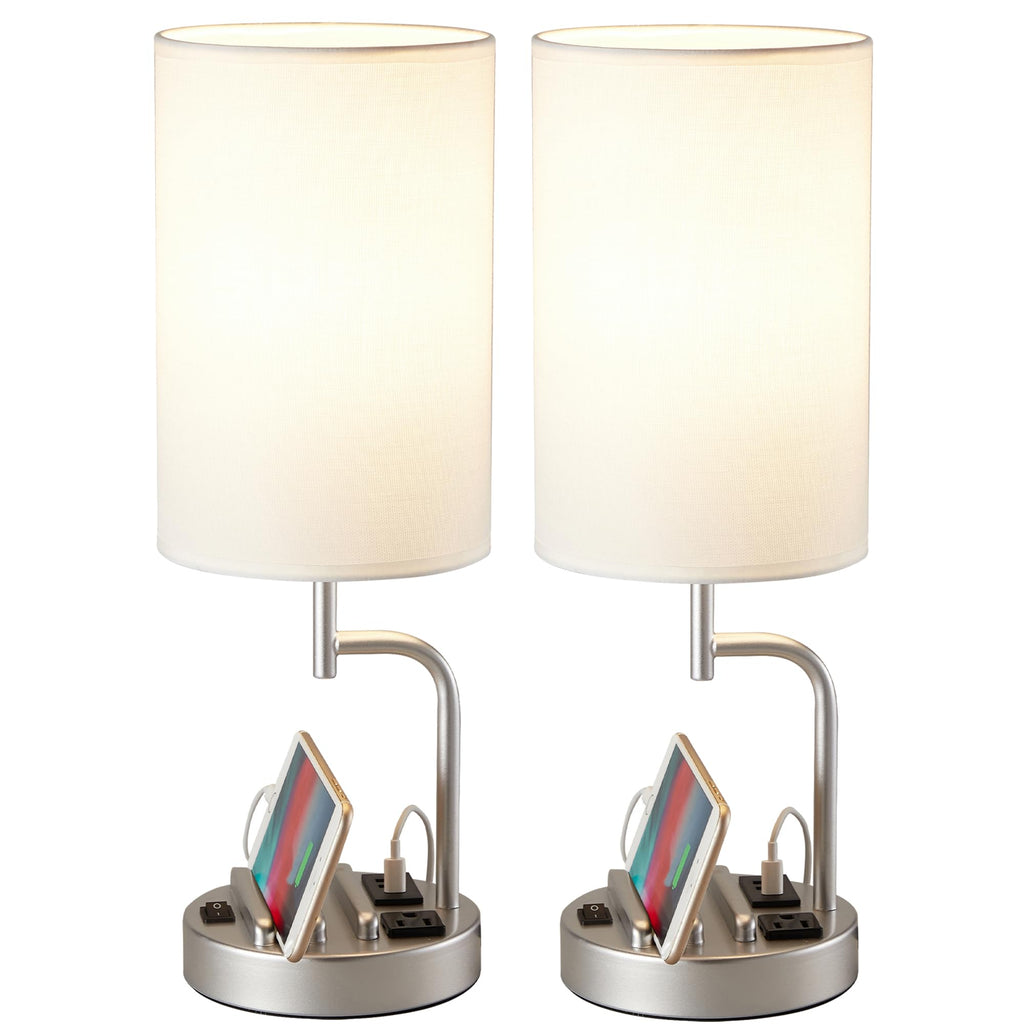 Dreamholder Table Lamp with 3 USB Charging Ports, Modern Desk Lamp with AC Outlet and Phone Stands, Perfect Bedside Lamp for Bedroom, Living Room, Office (Pack of 2), Cream