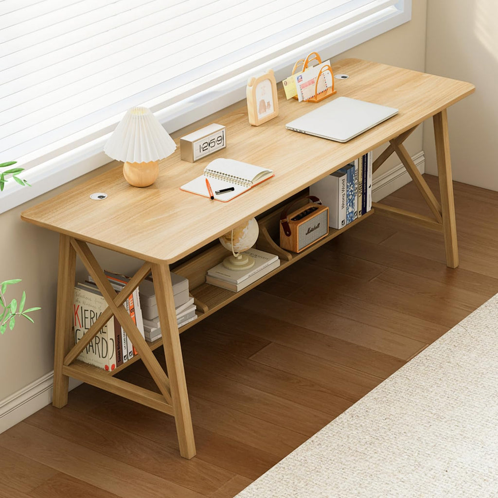 NELYE Extra Long Desk with Bookshelf - Wooden Home Office Work Study Table, Writing Computer Workstation with Storage Shelf in Walnut, 55" Wx20 Dx30 H