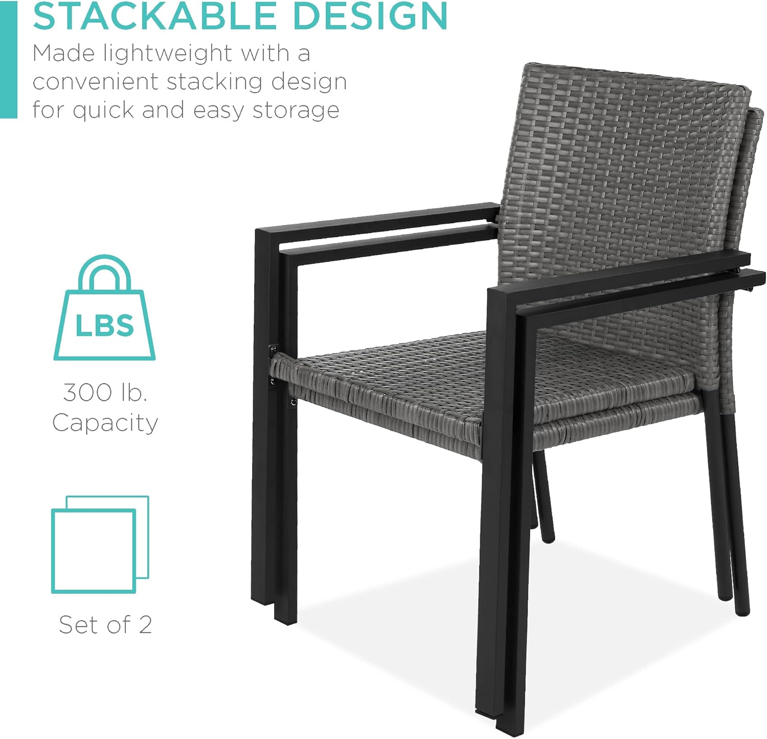 Best Choice Products Set of 2 Stackable Outdoor Wicker Dining Chairs All-Weather Firepit Armchair w/Armrests, Steel Frame for Patio, Deck, Garden, Yard - Gray