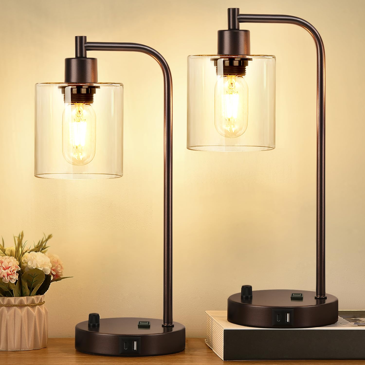 Set of 2 Industrial Table Lamps with USB C+A Ports and Outlet, Fully Stepless Dimmable Bedside Lamps for Bedrooms, Nightstand Desk Lamp with Glass Shade for Reading Living Room Office (Bulbs Included)