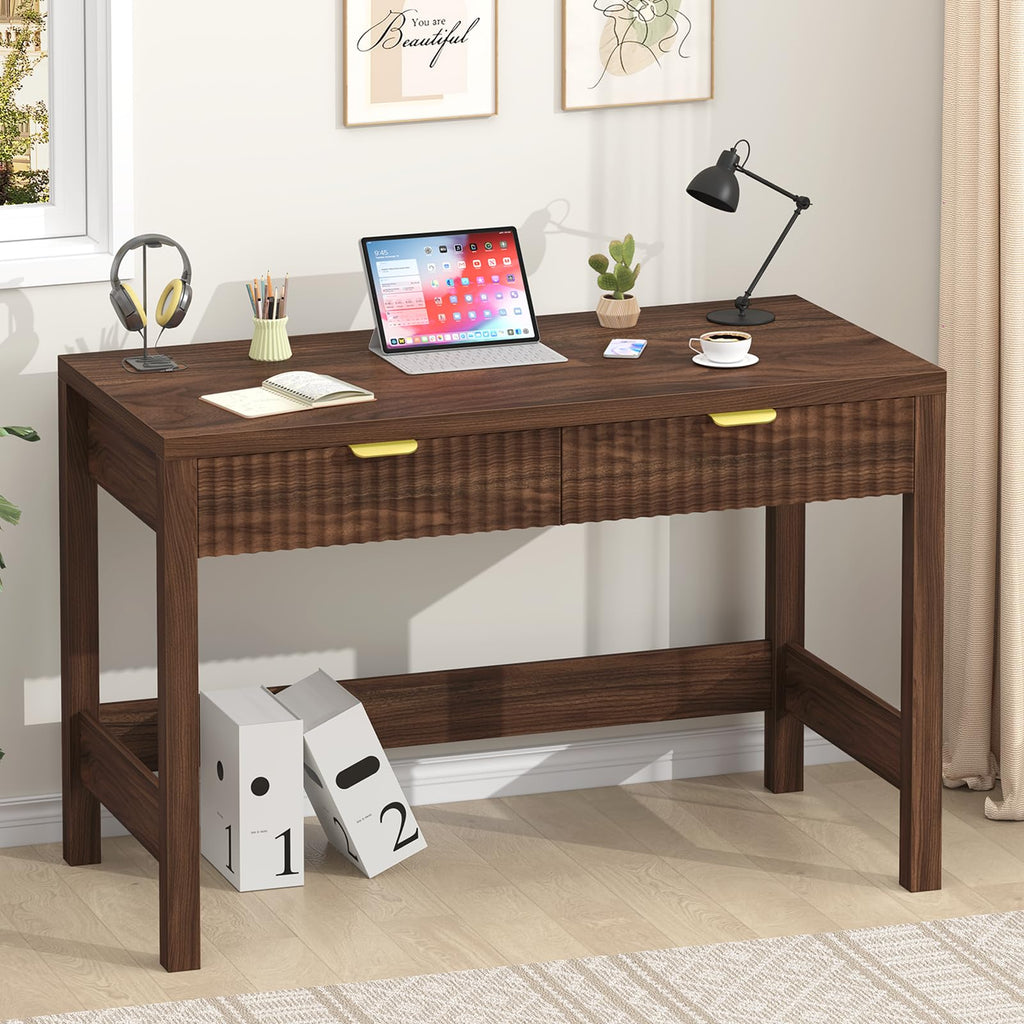 YOMILUVE Fluted Computer Desk with 2 Drawers, 39 Inch Small Computer Desk with Storage, Compact Writing Study Desk for Small Spaces