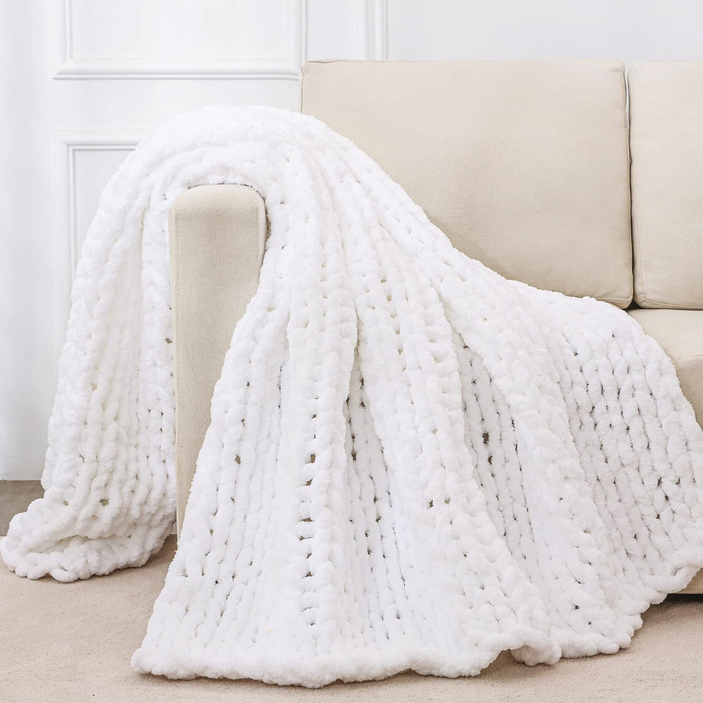 40×60" Beige Hand Knit Jumbo Chenille Chunky Knit Throw Blanket for Sofa & Bed