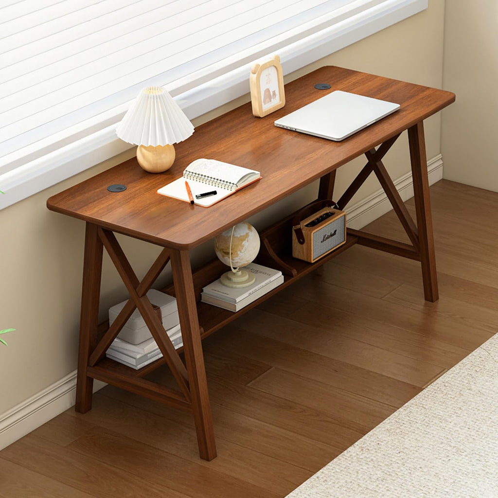 NELYE Extra Long Desk with Bookshelf - Wooden Home Office Work Study Table, Writing Computer Workstation with Storage Shelf in Walnut, 55" Wx20 Dx30 H