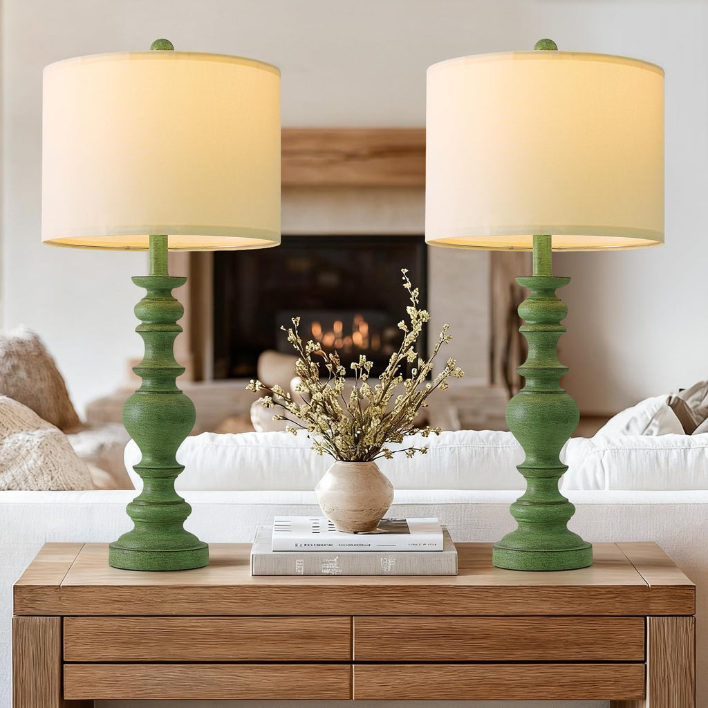 Set of 2 Rustic Farmhouse Linen Table Lamps for Bedroom & Living Room Decor