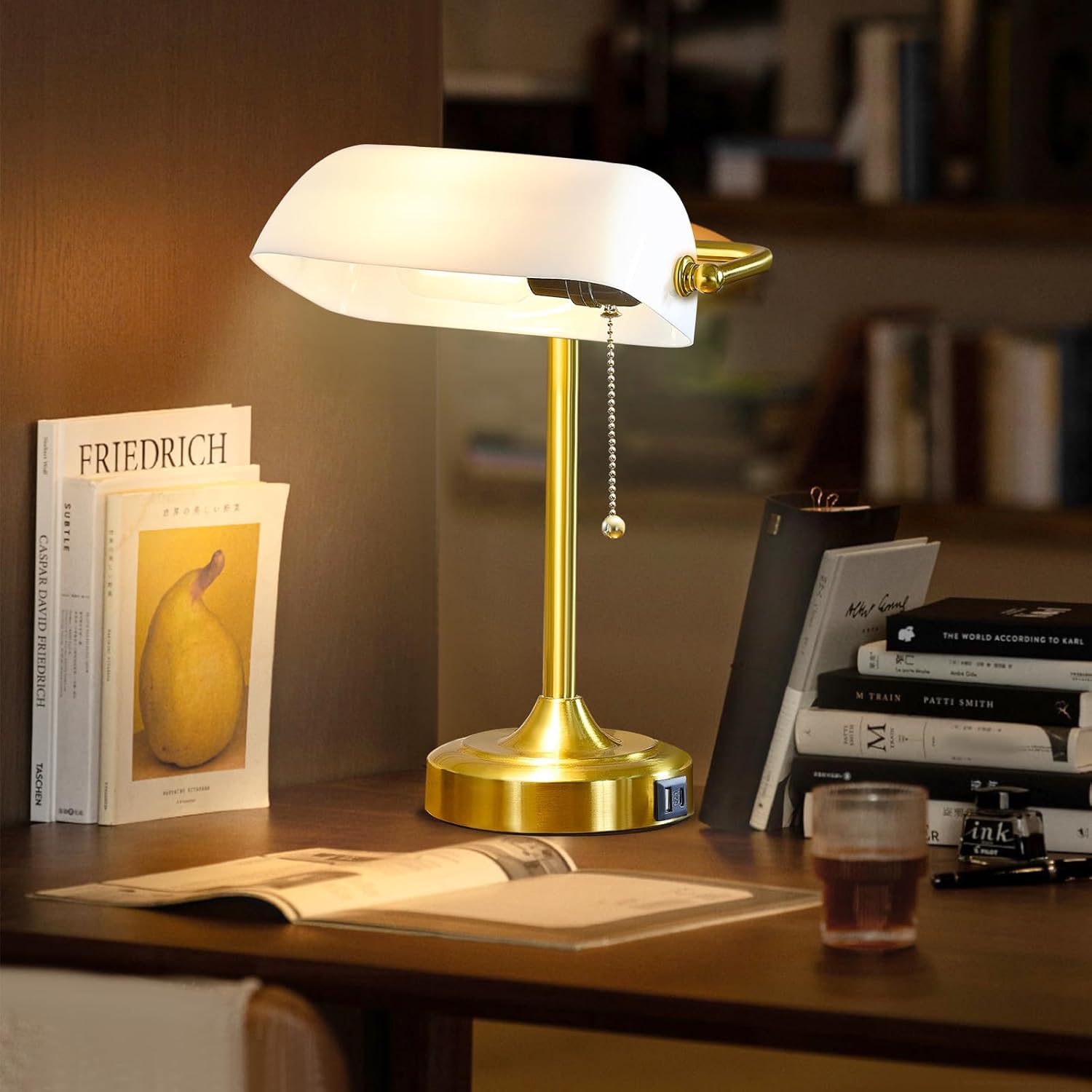 Vintage Desk Lamp Bankers Lamp - Plastic Lampshade Retro Table Lamp with USB & Type C Charging Ports Traditional Library Lamp for Home Office Nightstand Bedroom Side Table Lamp(T45 Bulb Included)