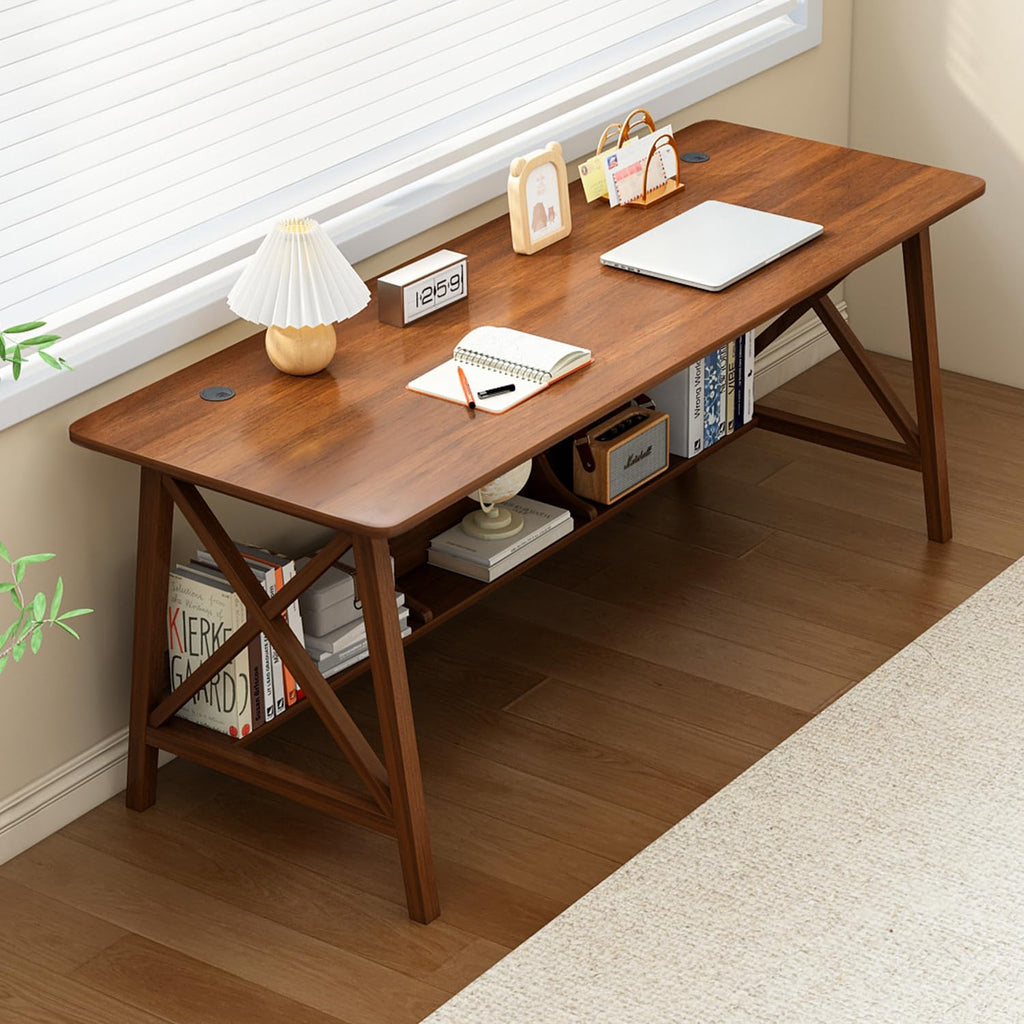 NELYE Extra Long Desk with Bookshelf - Wooden Home Office Work Study Table, Writing Computer Workstation with Storage Shelf in Walnut, 55" Wx20 Dx30 H