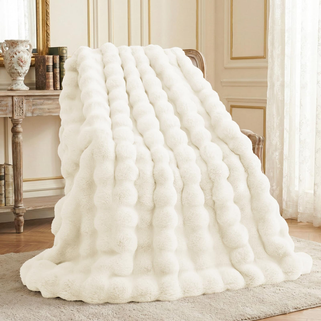 L'AGRATY Faux Rabbit Fur Blanket: 50" x 60" Luxury Soft Fluffy Thick Fur Throw Blanket for Couch Bed Sofa - Cozy Plush Bubble Blankets for Winter: Warm Flannel Fleece Decorative Blanket(Almond White)
