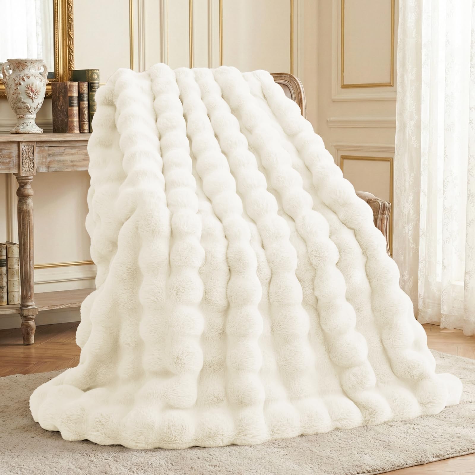L'AGRATY Faux Rabbit Fur Blanket: 50" x 60" Luxury Soft Fluffy Thick Fur Throw Blanket for Couch Bed Sofa - Cozy Plush Bubble Blankets for Winter: Warm Flannel Fleece Decorative Blanket(Almond White)