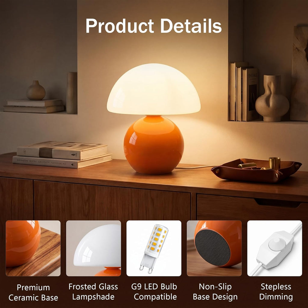 Orange Cute Mini Mid Century Mushroom Table Lamp for Bedroom & Living Room Decor