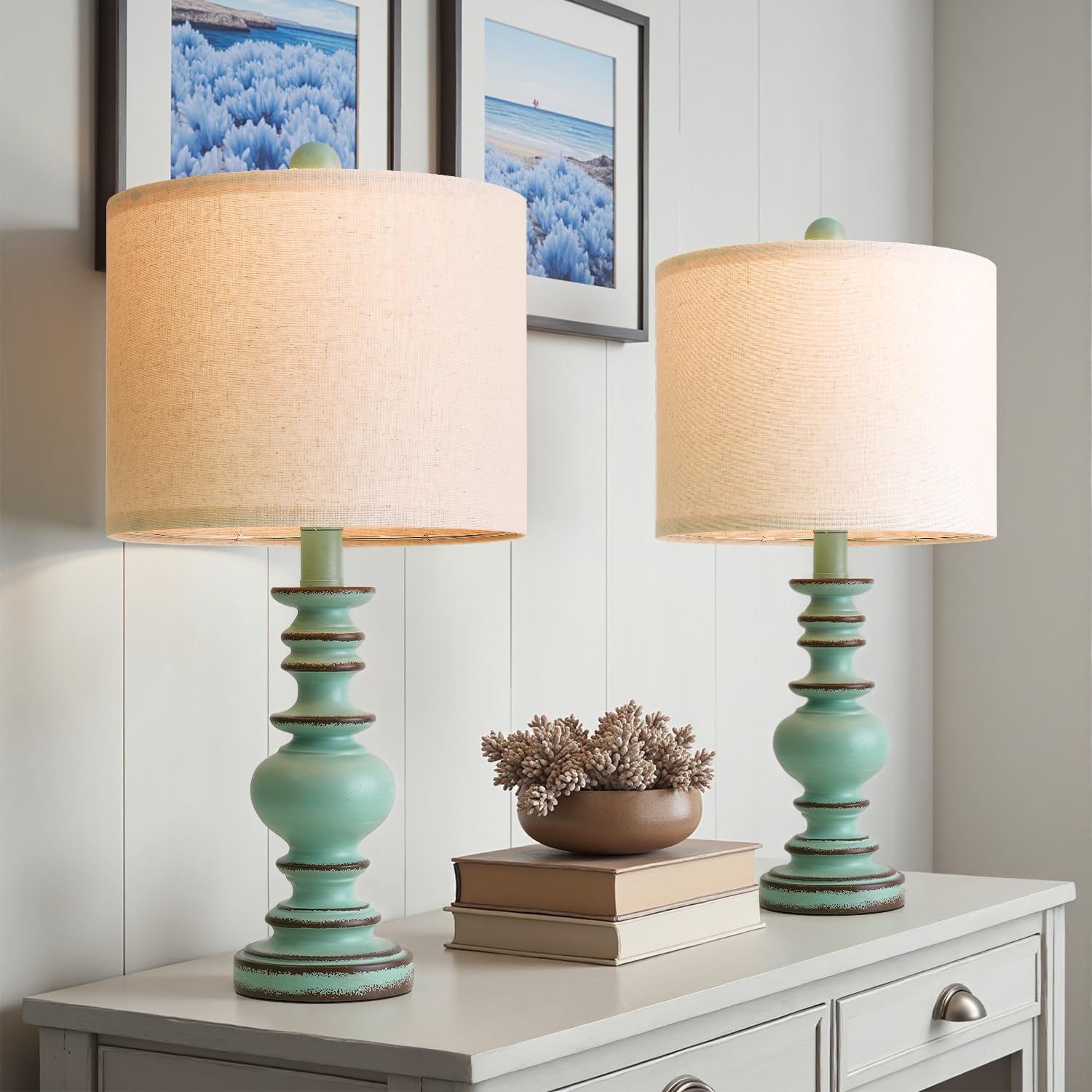 Set of 2 Rustic Farmhouse Linen Table Lamps for Bedroom & Living Room Decor