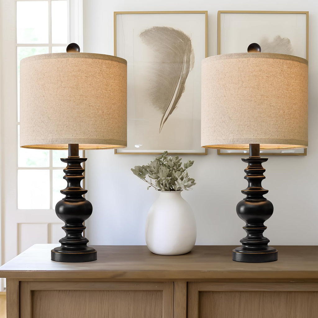 Set of 2 Rustic Farmhouse Linen Table Lamps for Bedroom & Living Room Decor