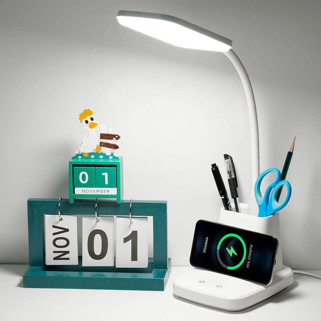 Desk Lamp, Bedside Table Lamps with Wireless Charger and Clock, 30Mins Auto-Off Night Light Lamp, 3 Color Modes Dimmable Touch 800LM CRI 95, LED Desk Lamps for Home Office, Adapter Included