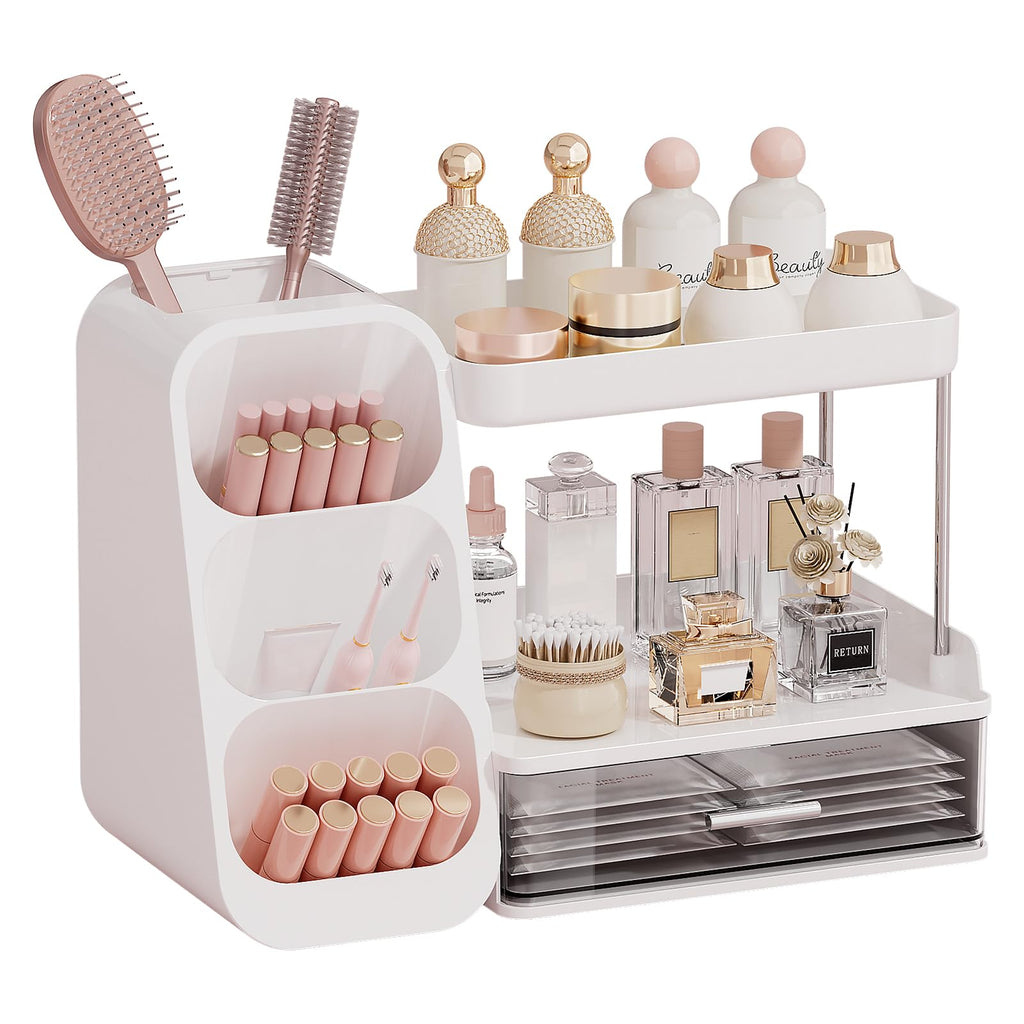 UFORU Makeup Organizer for Vanity with Brush Holder, Large Capacity Bathroom Countertop Skincare Organizer with 2 Drawers, Cosmetic Display Case for Perfumes, Eyeshadow Palettes, Nail Polishes