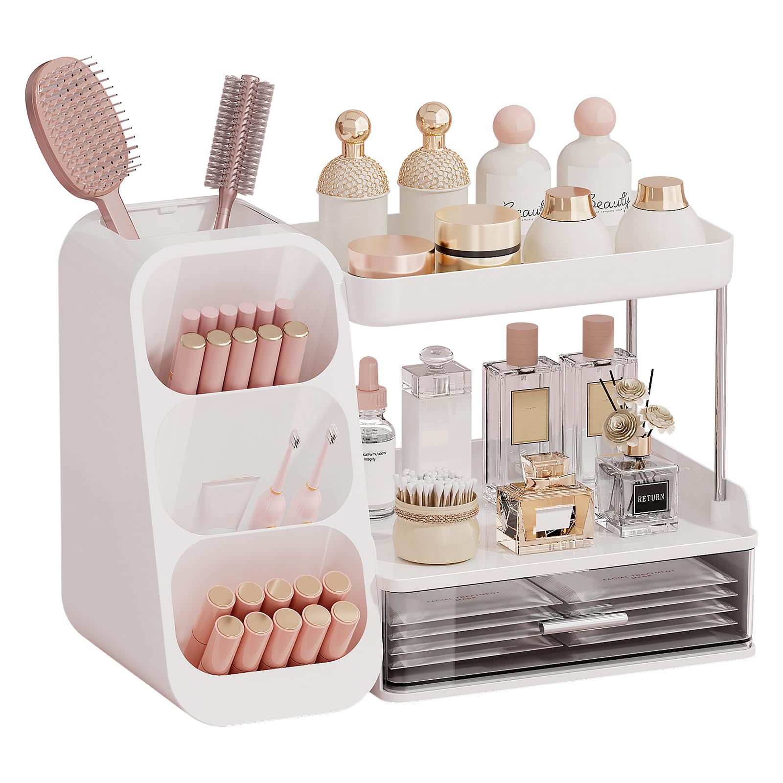 UFORU Makeup Organizer for Vanity with Brush Holder, Large Capacity Bathroom Countertop Skincare Organizer with 2 Drawers, Cosmetic Display Case for Perfumes, Eyeshadow Palettes, Nail Polishes