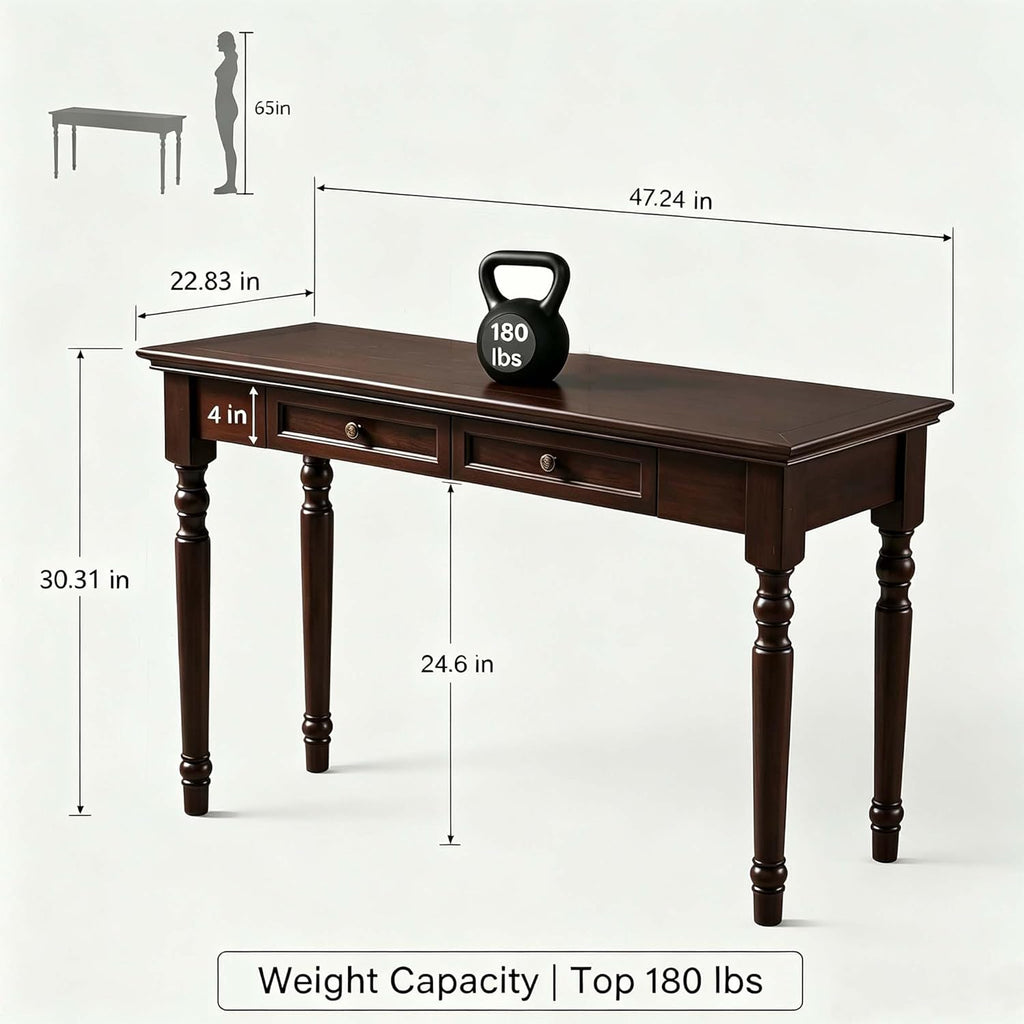 Walnut Writing Desks with Drawers, 47" Solid Wood French Country Style Computer Desk for Home Office, Living Room Study or Workspace