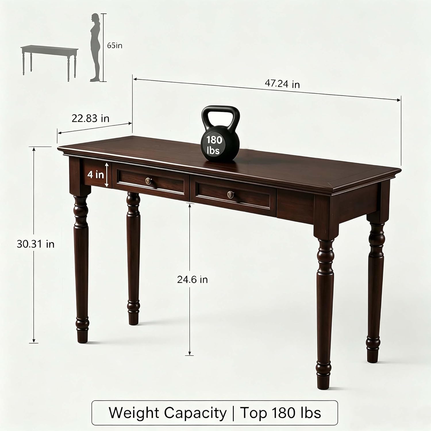 Walnut Writing Desks with Drawers, 47" Solid Wood French Country Style Computer Desk for Home Office, Living Room Study or Workspace