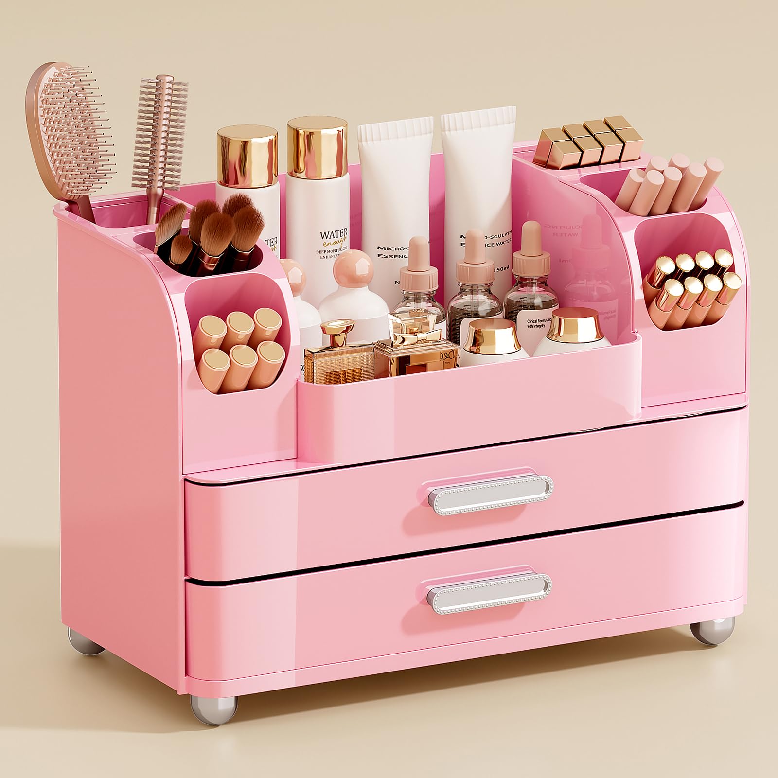 UFORU Makeup Organizer for Vanity with 2 Large Drawers, Cosmetic Display Case with Brush Holders, Easy to Storage for Bathroom Countertop Skincare, Perfume, White