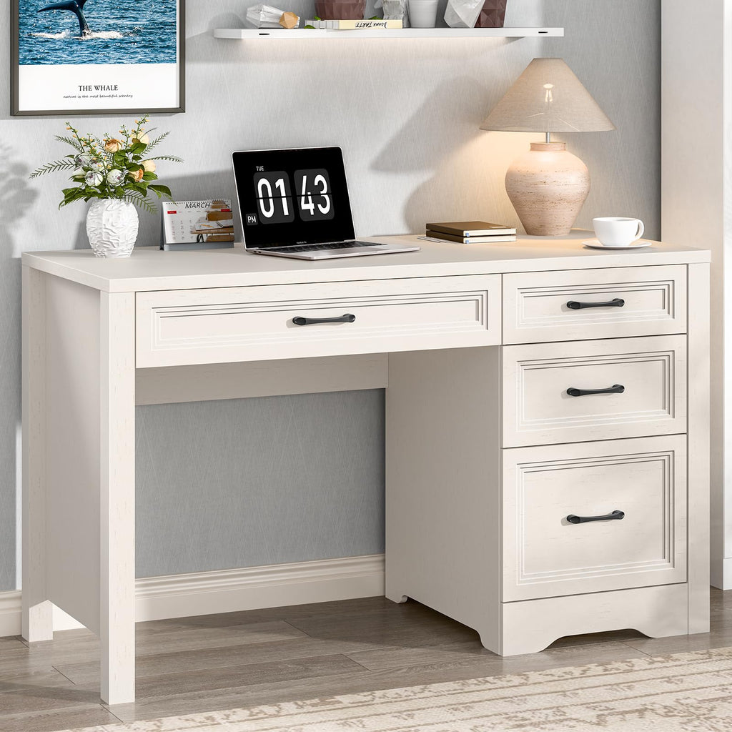 Vabches Farmhouse Executive Desk with Storage and Ample File Drawer, Rustic Large Home Writing Desk for Bedroom, White