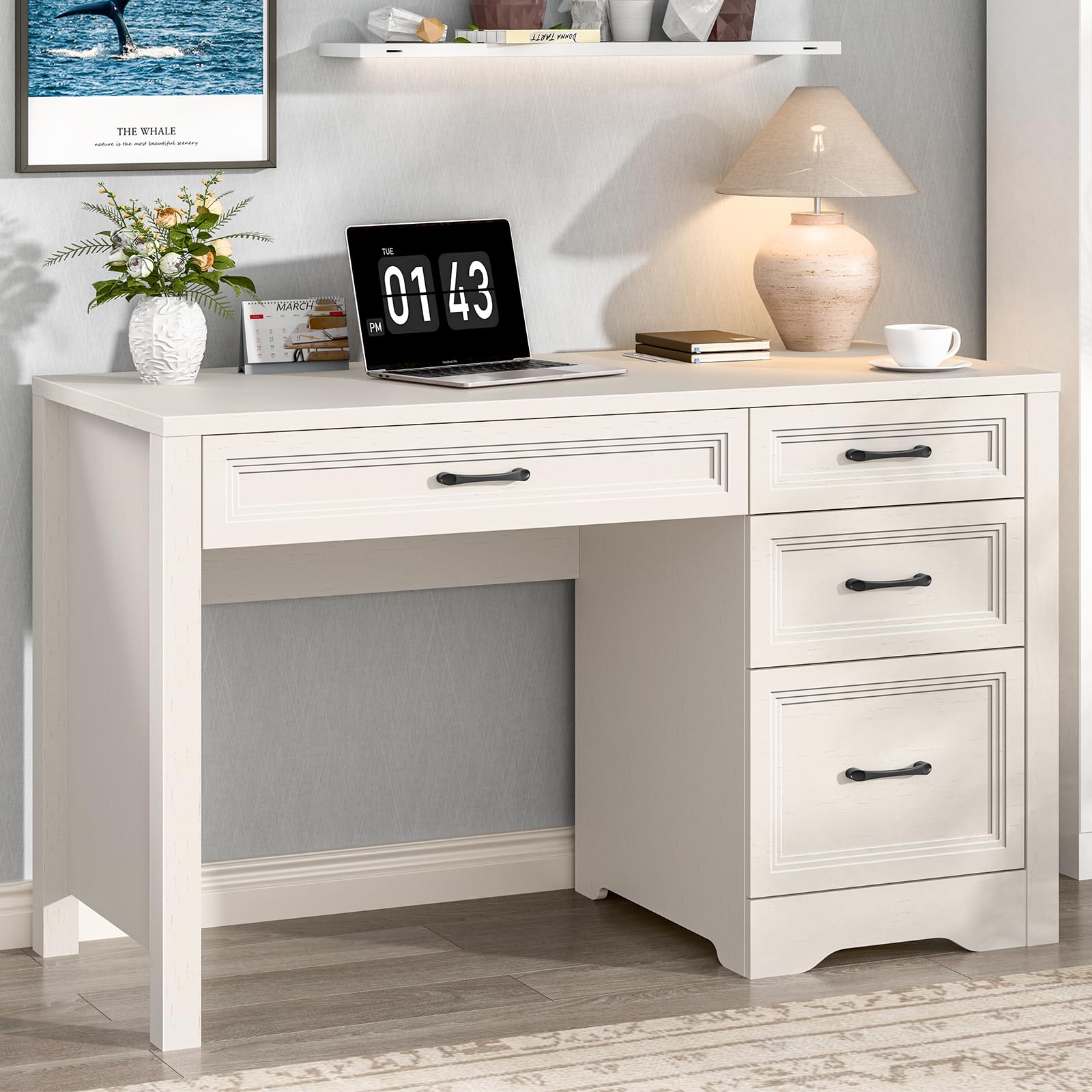 Vabches Farmhouse Executive Desk with Storage and Ample File Drawer, Rustic Large Home Writing Desk for Bedroom, White