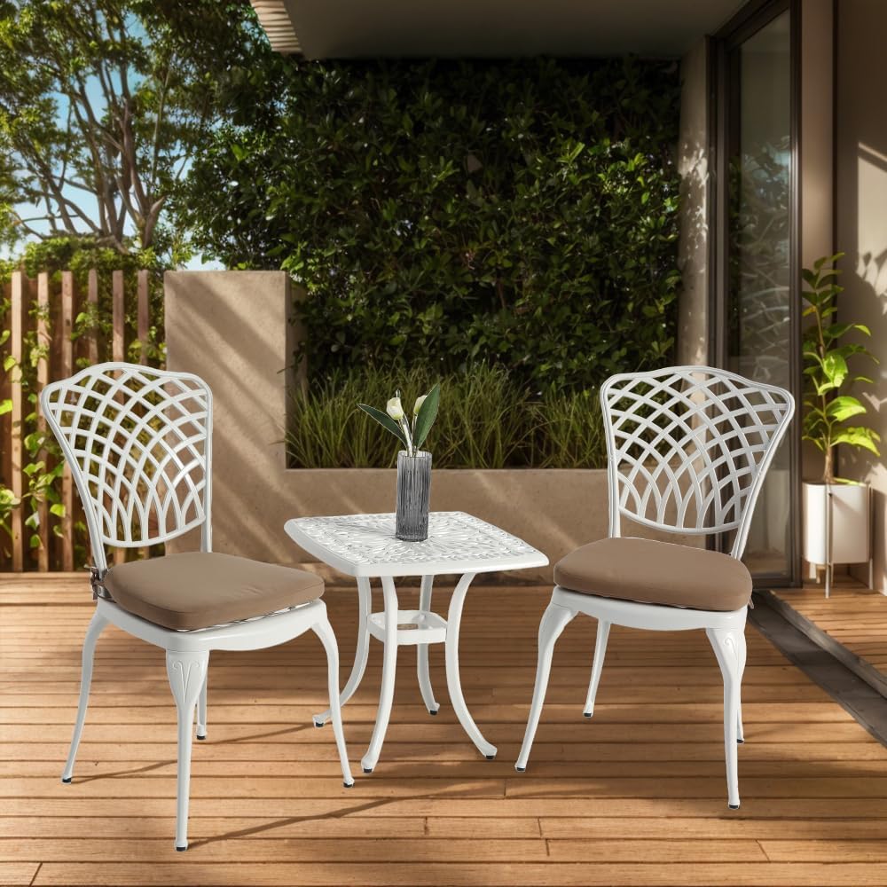 Elountik 3-Piece Bistro Set with White Cushions - Rustproof Cast Aluminum Patio Furniture: 2 Chairs & 1 Round Table for Outdoor, Garden, Balcony