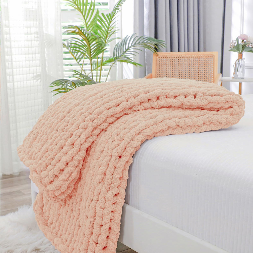 40×60" Beige Hand Knit Jumbo Chenille Chunky Knit Throw Blanket for Sofa & Bed